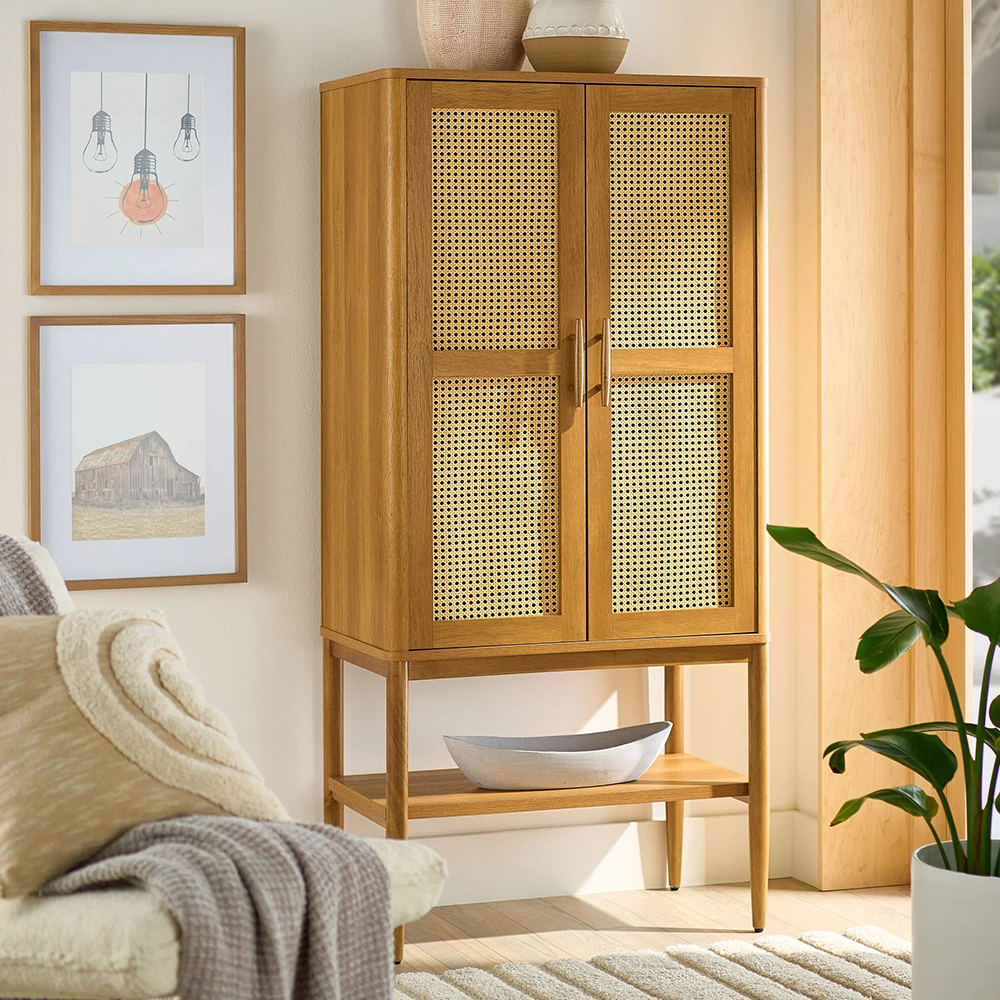 Walnut Rattan Shoe Cabinet - Image 3